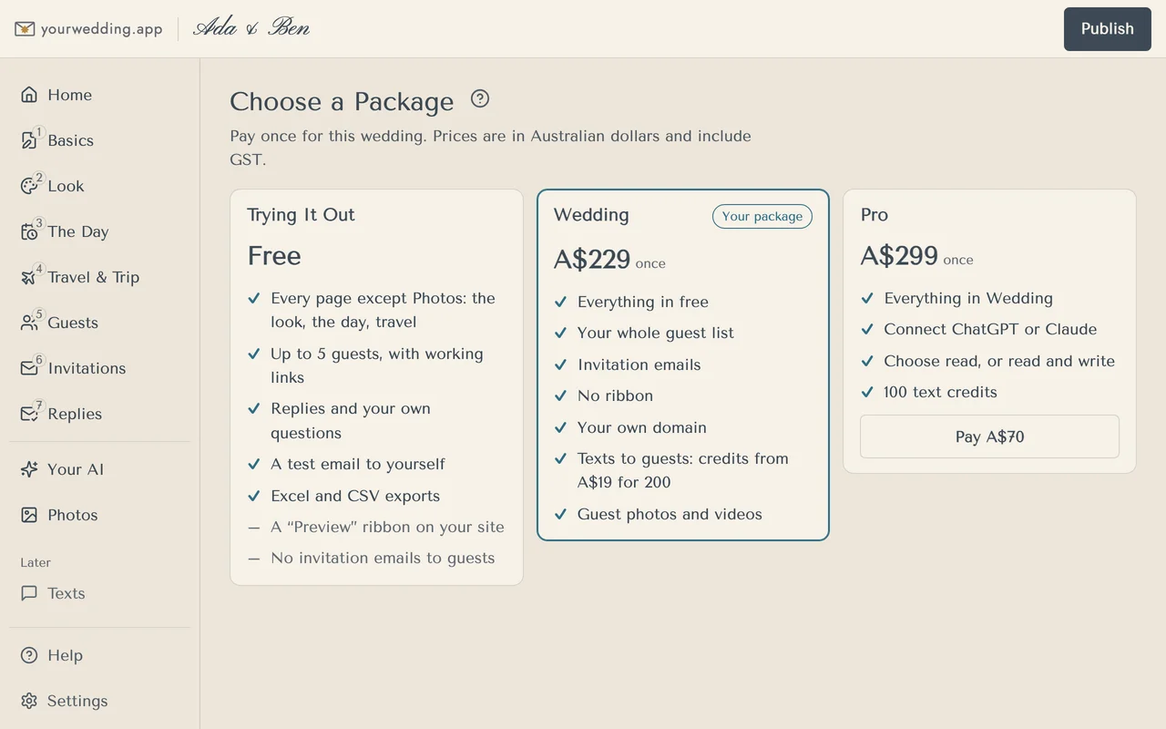 Choose a Package, with Pay A$70 for Pro