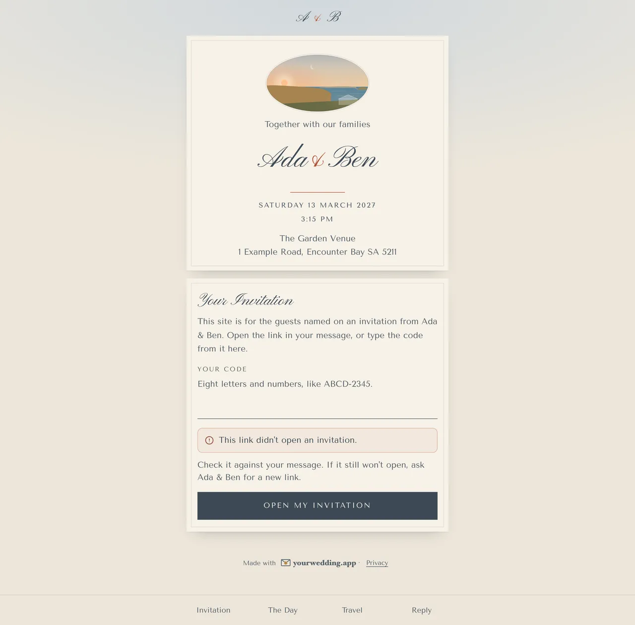 The page when a link doesn't open an invitation