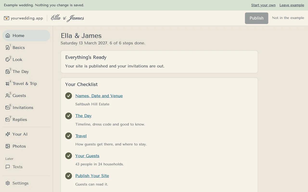 The example wedding's home screen