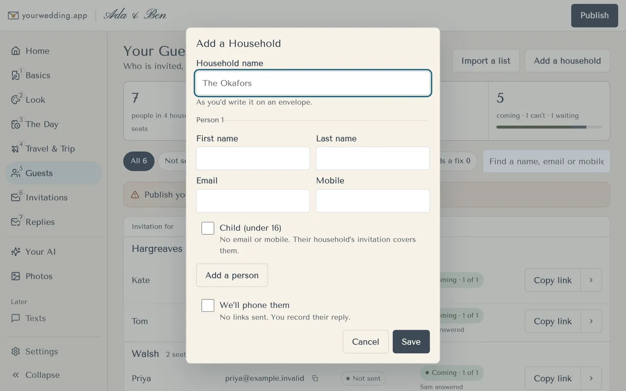 Child (under 16) on Add a Household