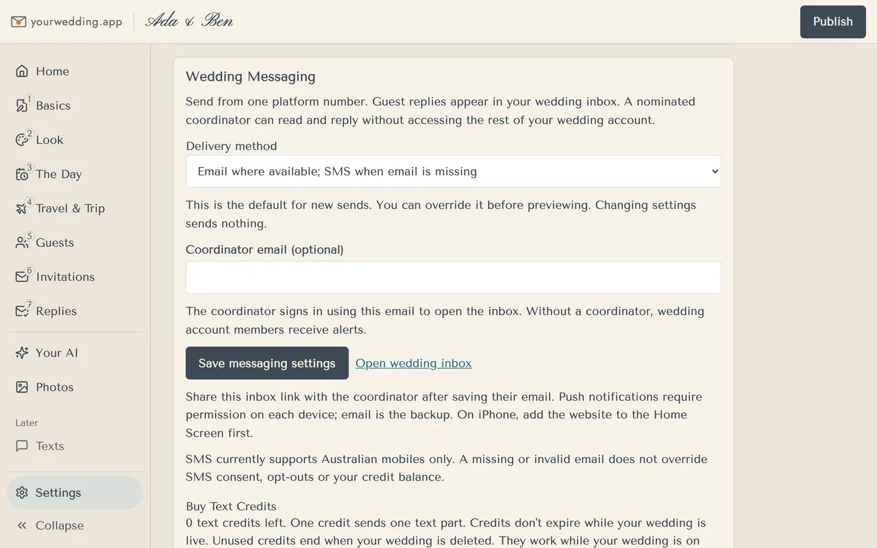 Wedding Messaging in Settings