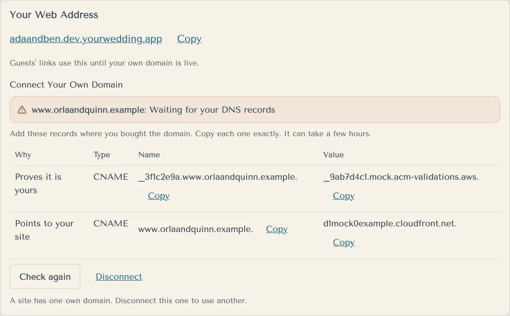 Connect Your Own Domain, waiting for DNS records