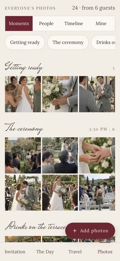A guest’s photo album on a phone, sorted into the moments of the day