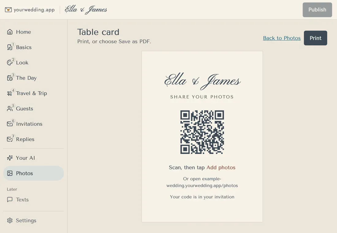 A printable table card with a QR code for guests’ photos