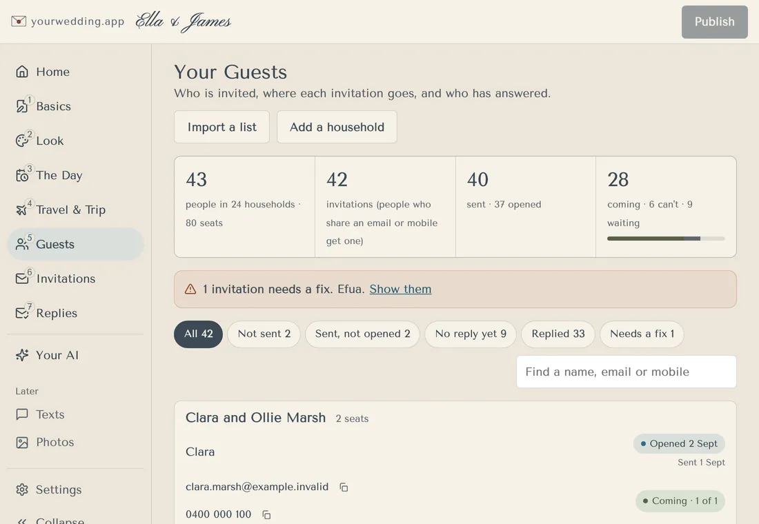 Guest list grouped by household, with invitation and reply status for each person