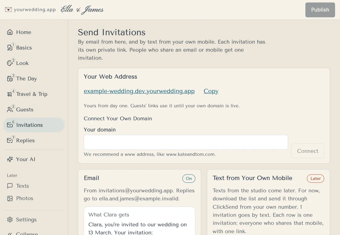 Send invitations screen with web address, own-domain setup and an email preview