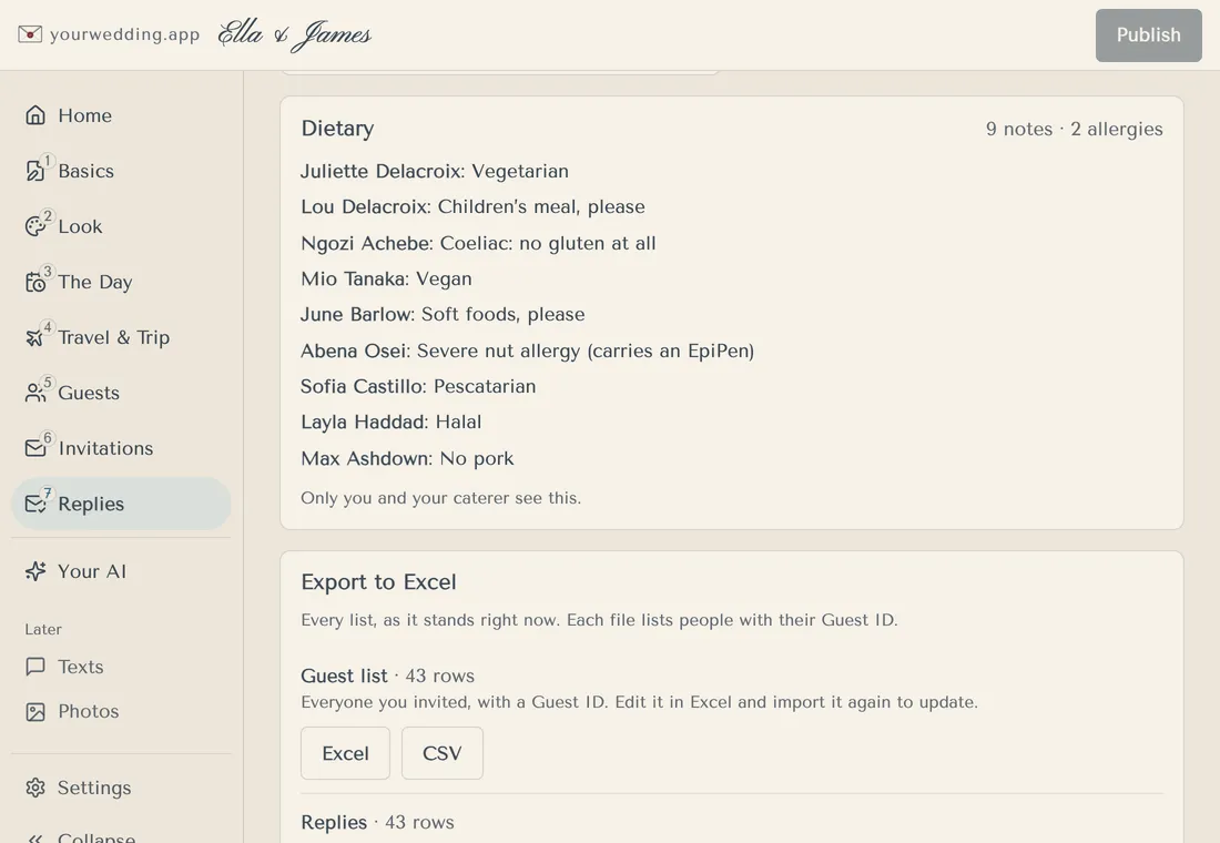 Dietary notes and Excel exports for caterer, coach and houses