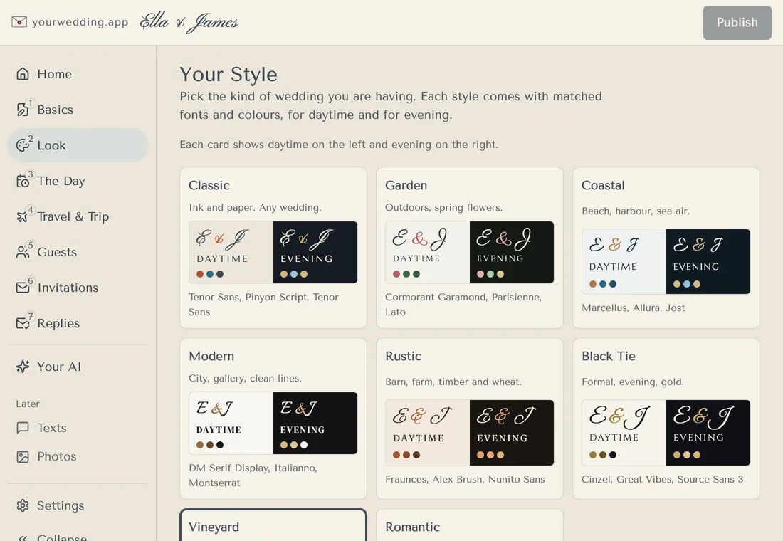 Style picker with eight styles shown in daytime and evening