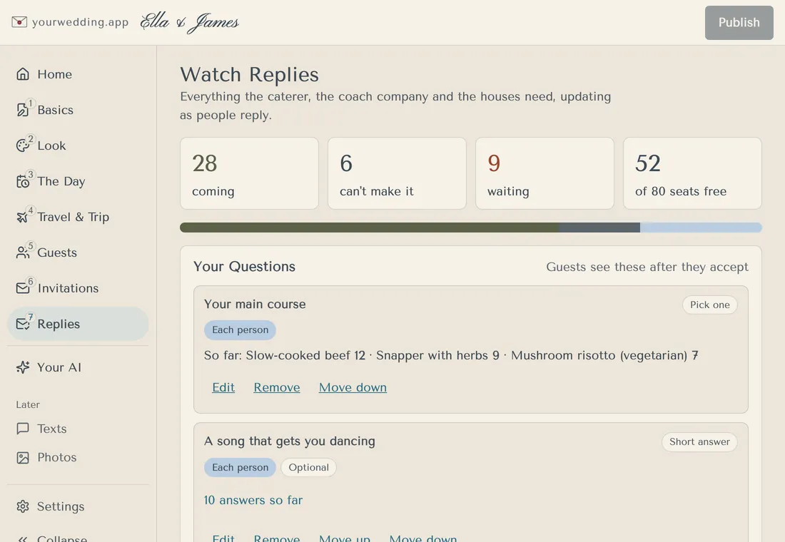 Replies screen with counts and custom questions
